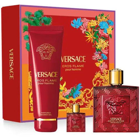 Versace Eros Flame Men Set 3.4oz EDP & 0.3oz Mini & 5oz SG