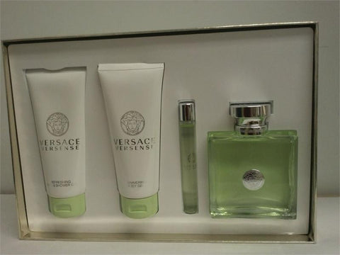 VERSACE VERSENSE 3.4 oz/3.4 oz Body Lotion/3.4 oz Shower Gel & 0.3 oz Bath/Mini perfume/ For Women - Aura Fragrances